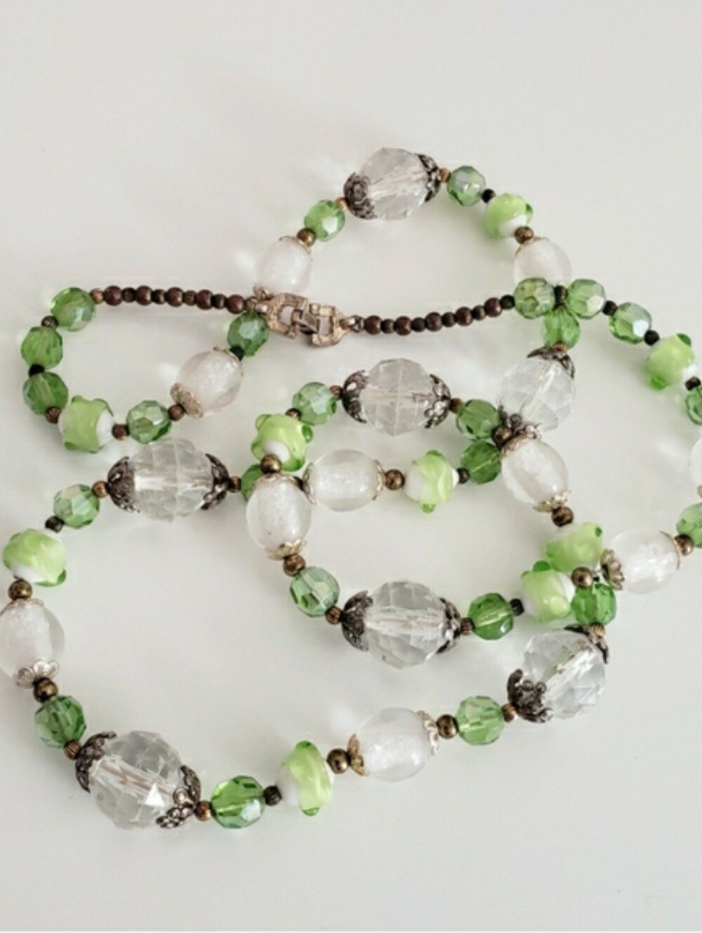 Gorgeous Elegant Lime Green and White Glass Beaded Lampwork Necklace